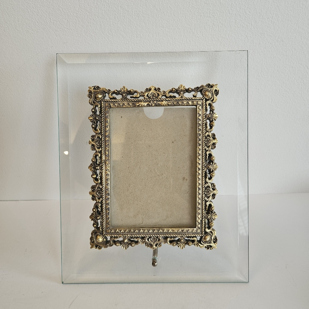 Beveled Glass & Ornate Brass table Top Picture Frame READ